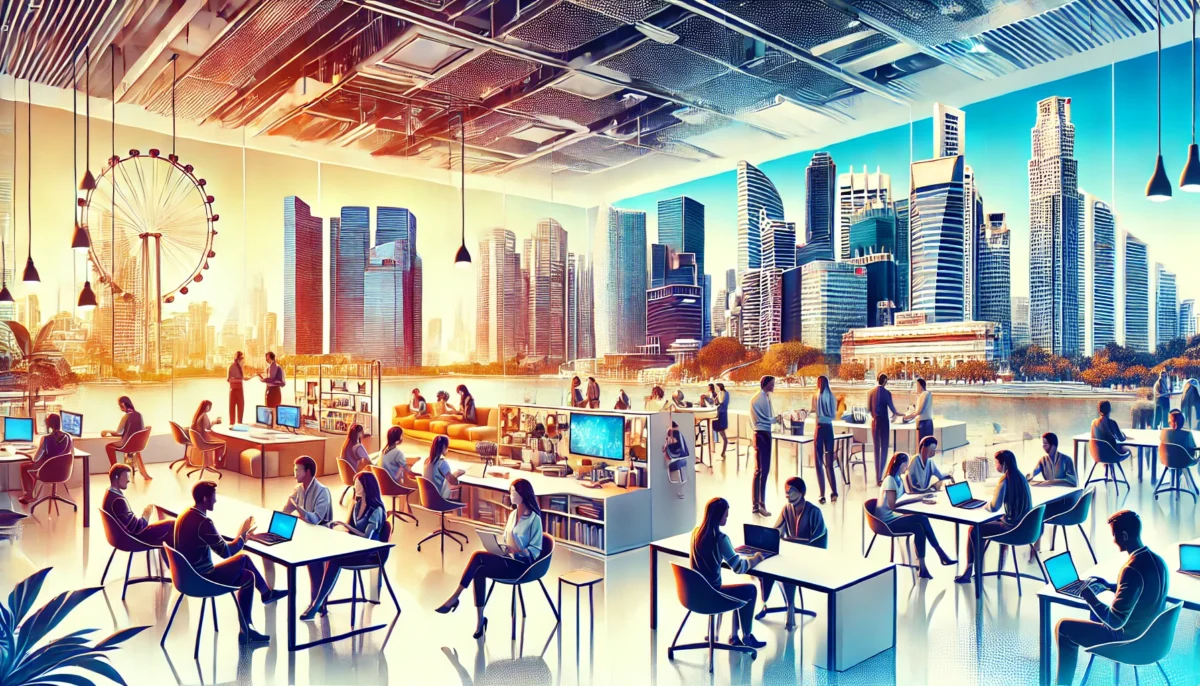A vibrant illustration of modern coworking spaces in Singapore, showcasing open work areas, private meeting rooms, and social lounges filled with diverse professionals collaborating and networking.